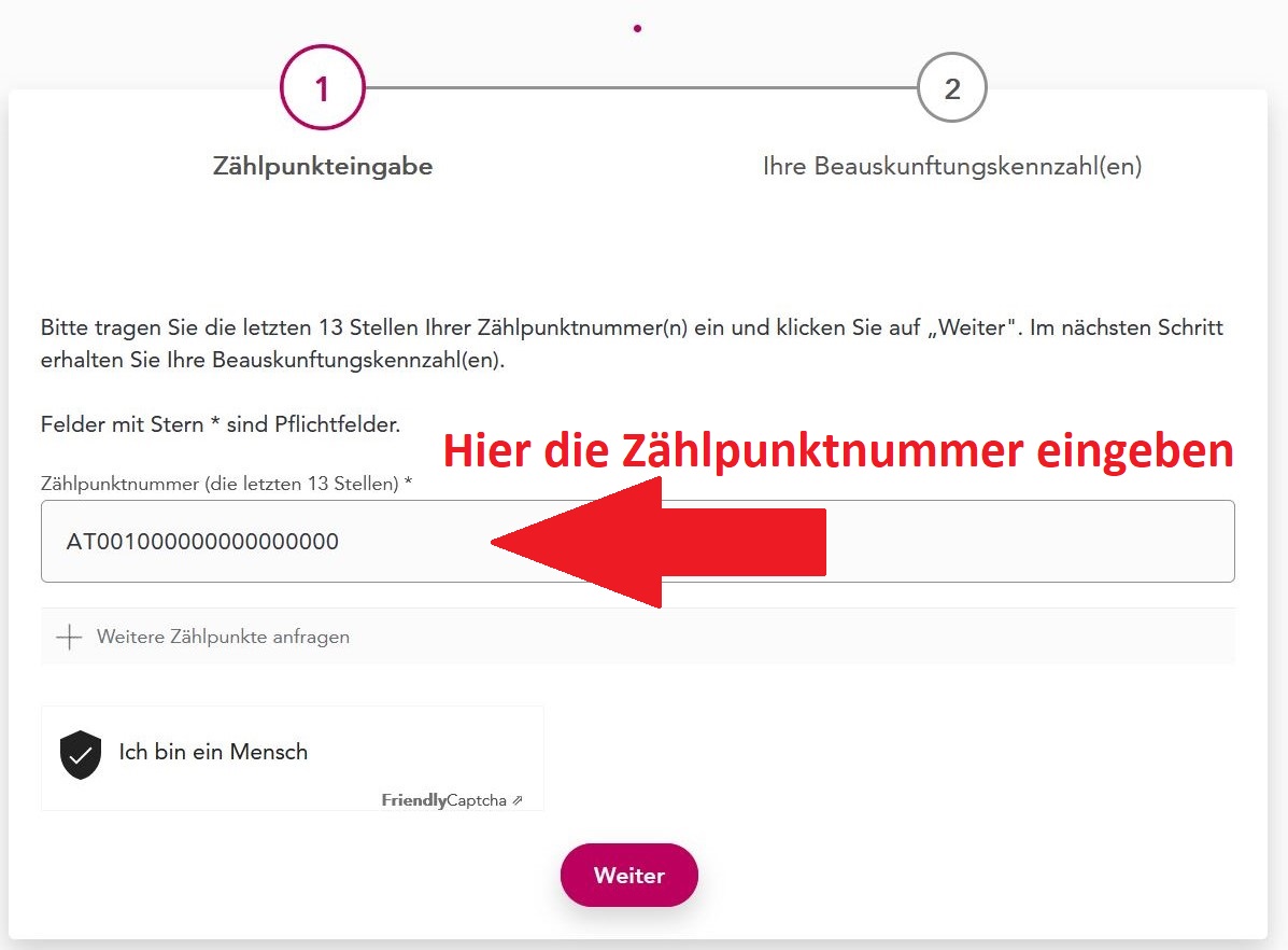 Screenshot: Zählpunktnummer eingeben